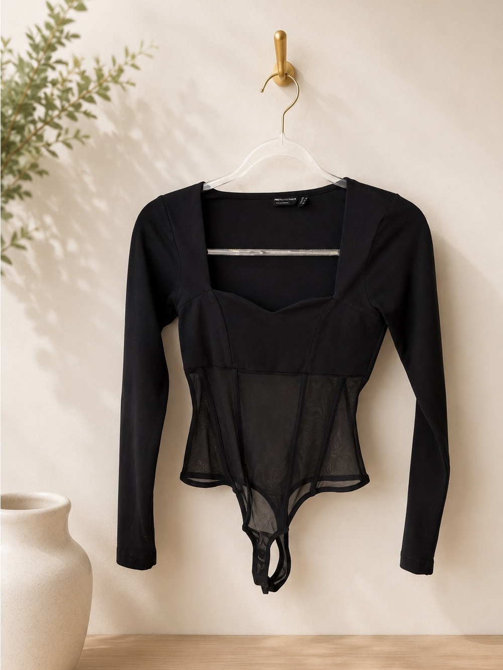 ASOS DESIGN Black Mesh Corset Bodysuit Top | Long Sleeve | Size 6